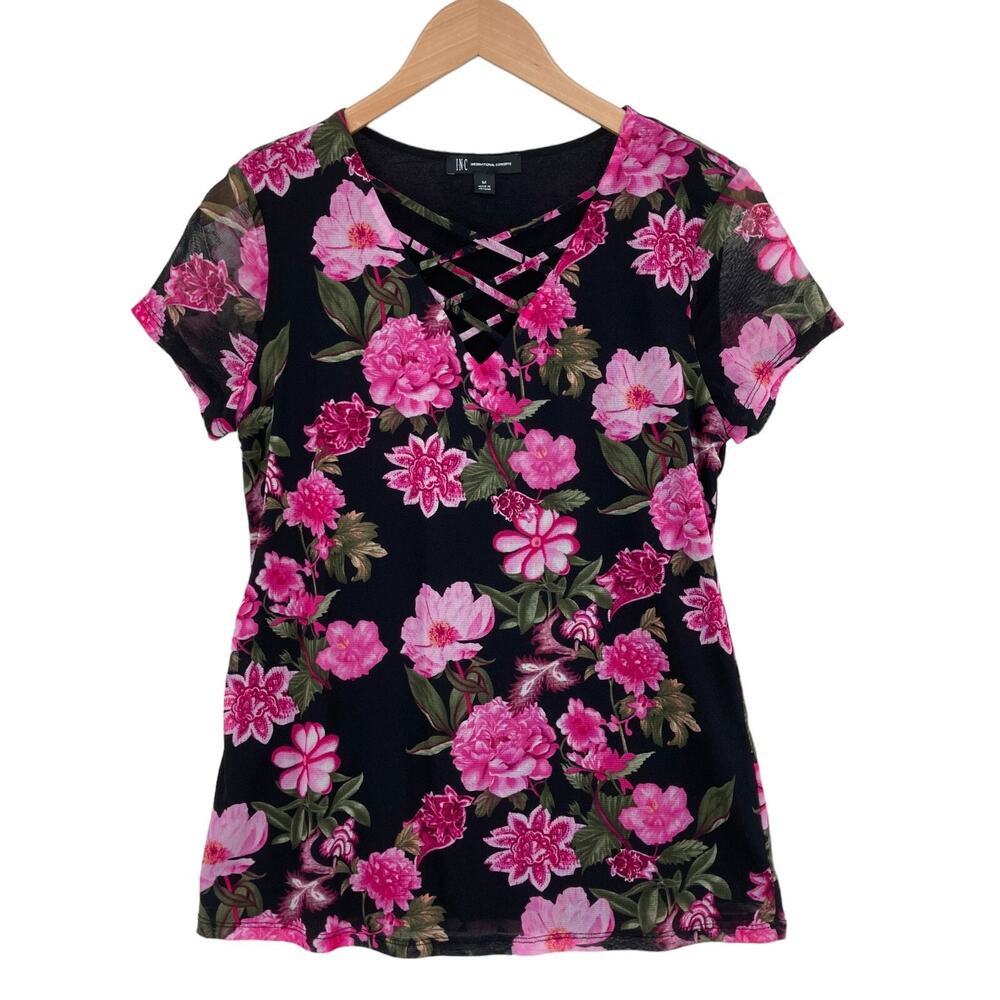 INC International Concepts Blouse Womens Medium Black Floral Criss Cross V Neck